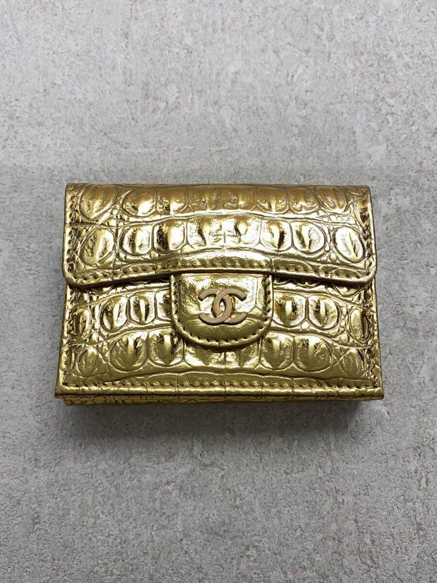 【中古】CHANEL◆A84401/3ツ折サイフ_マトラッセ_メタリックカーフスキン_ココマーク_GLD/牛革/GLD/レディース【服飾雑貨他】