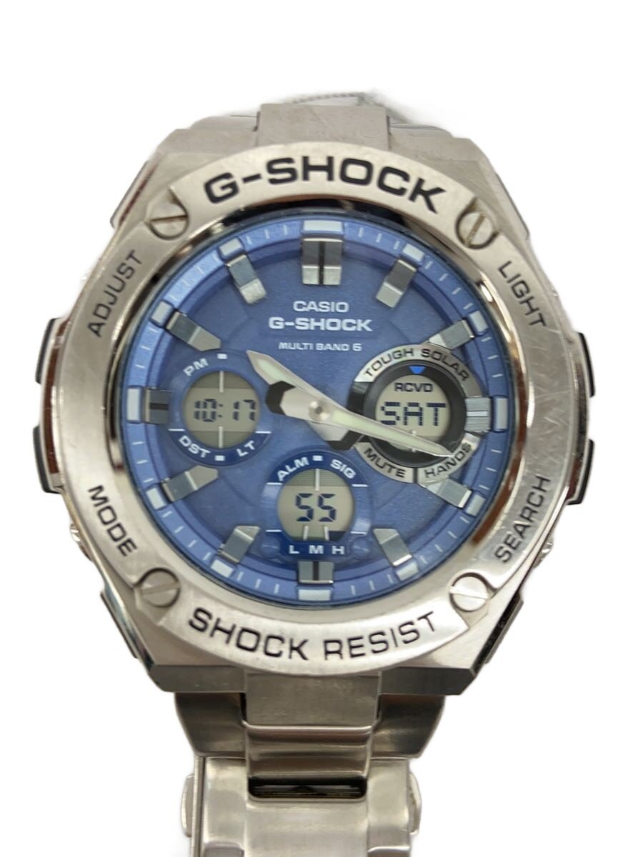 【中古】CASIO◆ソーラー腕時計・G-SHOCK/アナログ/ステンレス/BLU/SLV【服飾雑貨他】