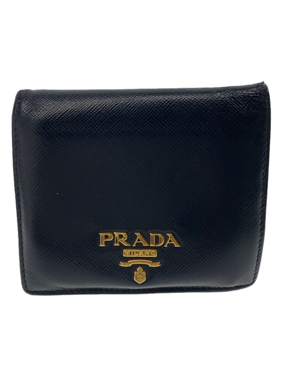 【中古】PRADA◆サフィアーノ/2つ折り財布/レザー/BLK/メンズ【服飾雑貨他】