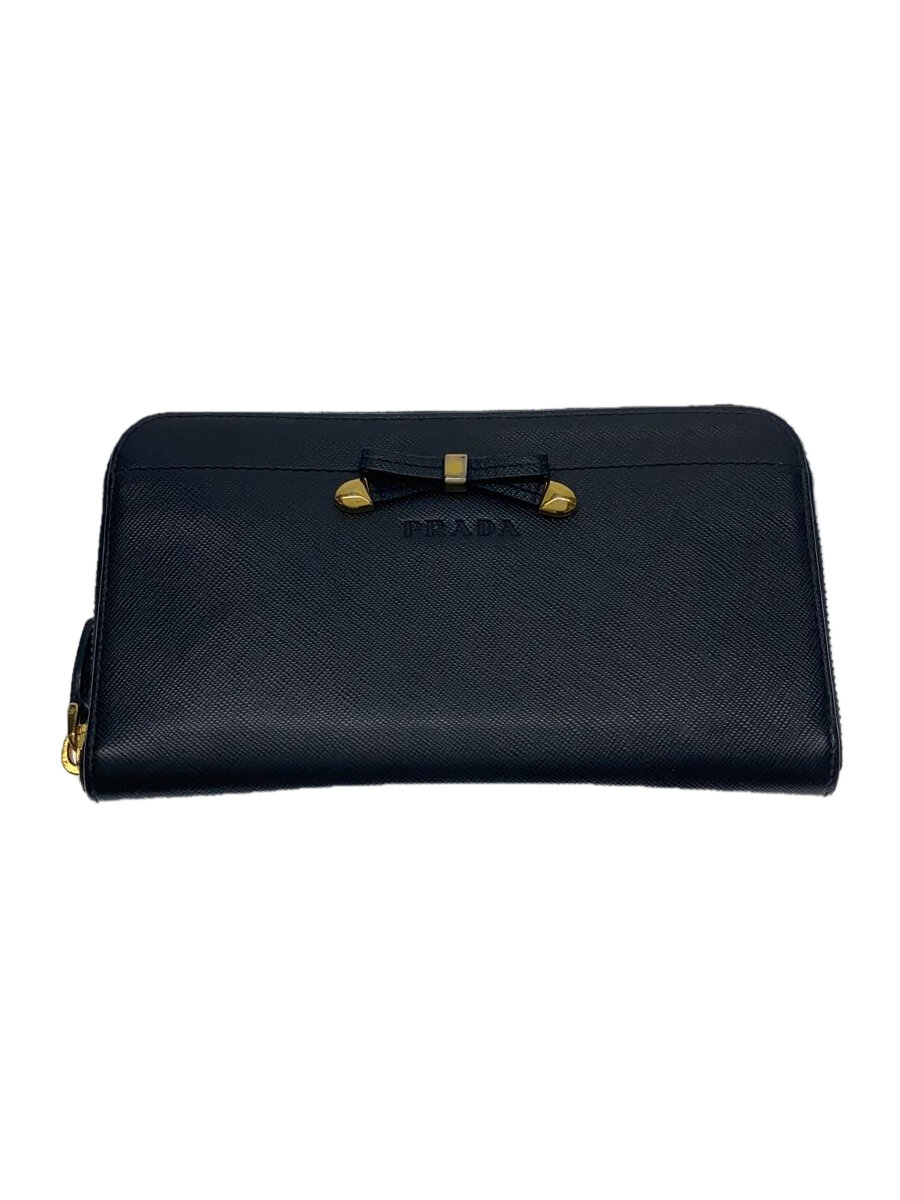 【中古】PRADA◆ラウンドファスナー/リボン/長財布/レザー/BLK/レディース【服飾雑貨他】