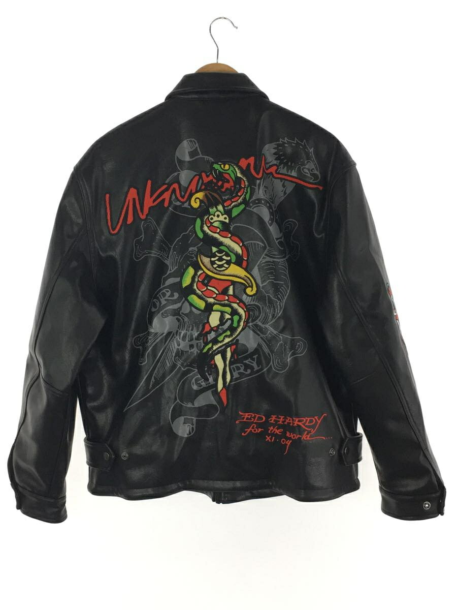 【中古】UNKNOWN◆シングルライダースジャケット/M/フェイクレザー/BLK/MULTI PATCHES LEATHER JACKE【メンズウェア】