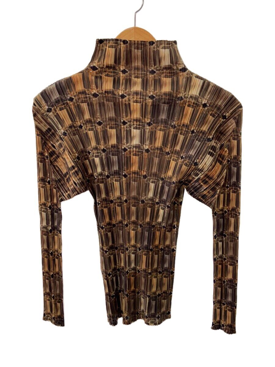 【中古】PLEATS PLEASE ISSEY MIYAKE◆長袖カットソー/3/ポリエステル/キャメル/総柄/PP73-JK804/ボトルネック【レディースウェア】