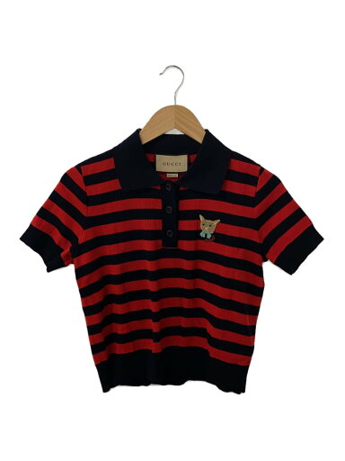 【中古】GUCCI◆ポロシャツ/M/コットン/RED/ボーダー/655511/キャット/ワンポイント/猫/ニットポロ【レディースウェア】 【中古】GUCCI◆ポロシャツ/M/コットン/RED/ボーダー/655511/キャット/ワンポイント/猫/ニットポロ【レディースウェア】