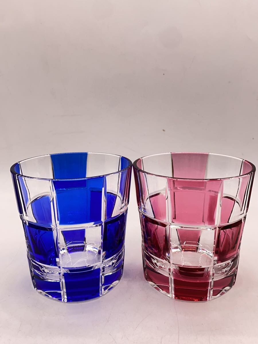 【中古】硝子工房 彩鳳◆グラス/2点セット/M-285-2/市松文様//【キッチン用品】