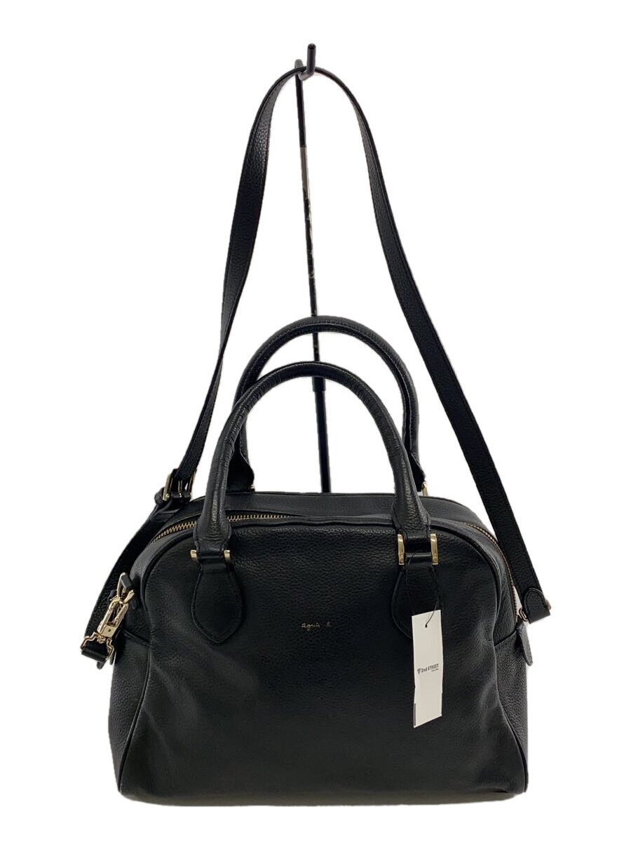 【中古】agnes b VOYAGE◆2wayボストンバッグ/レザー/BLK/角スレ有【バッグ】