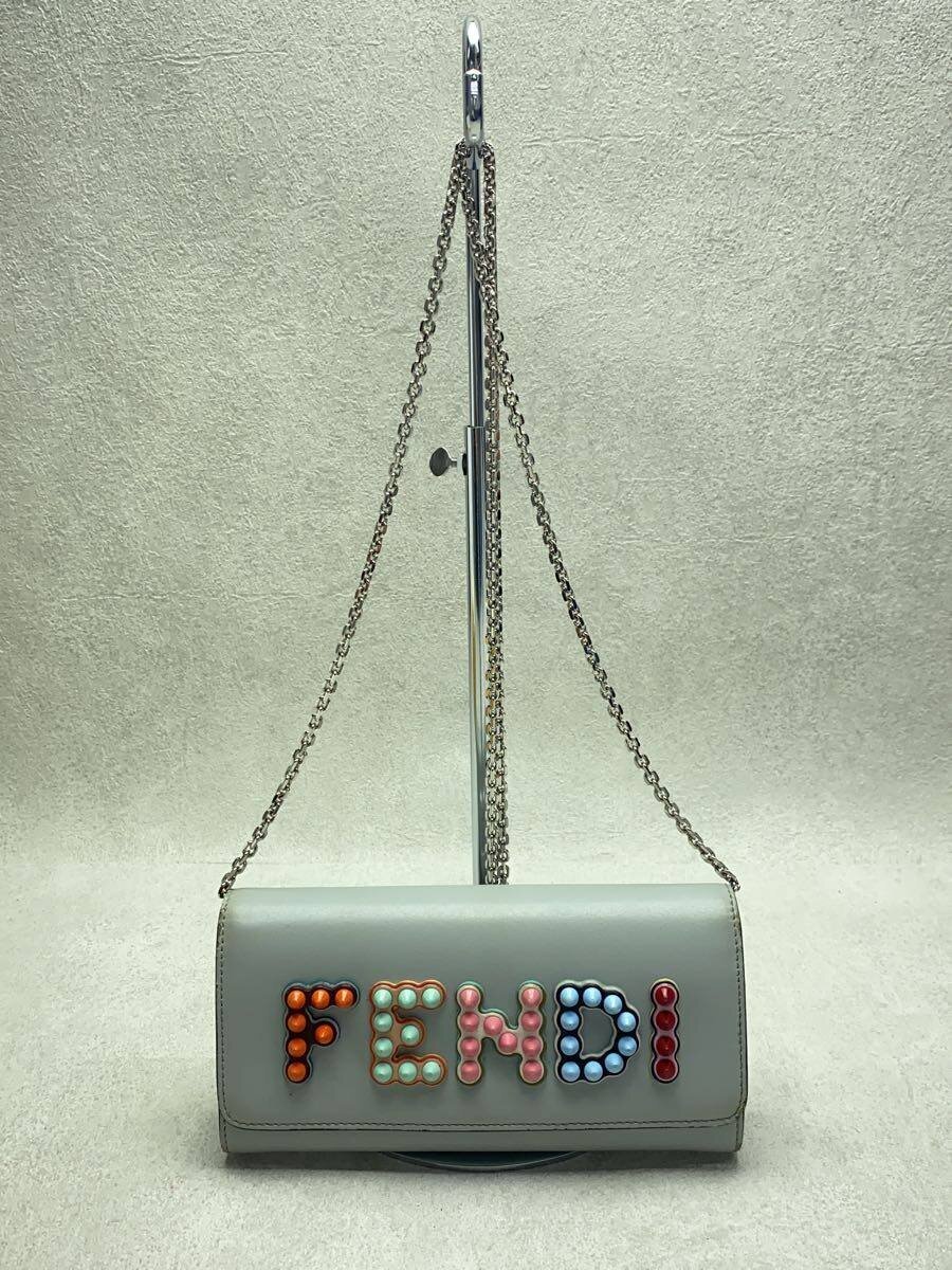 【中古】FENDI◆チェーンウォレット/スタッズ/長財布/レザー/GRY/無地/レディース/角スレ・剥がれ有【服飾雑貨他】