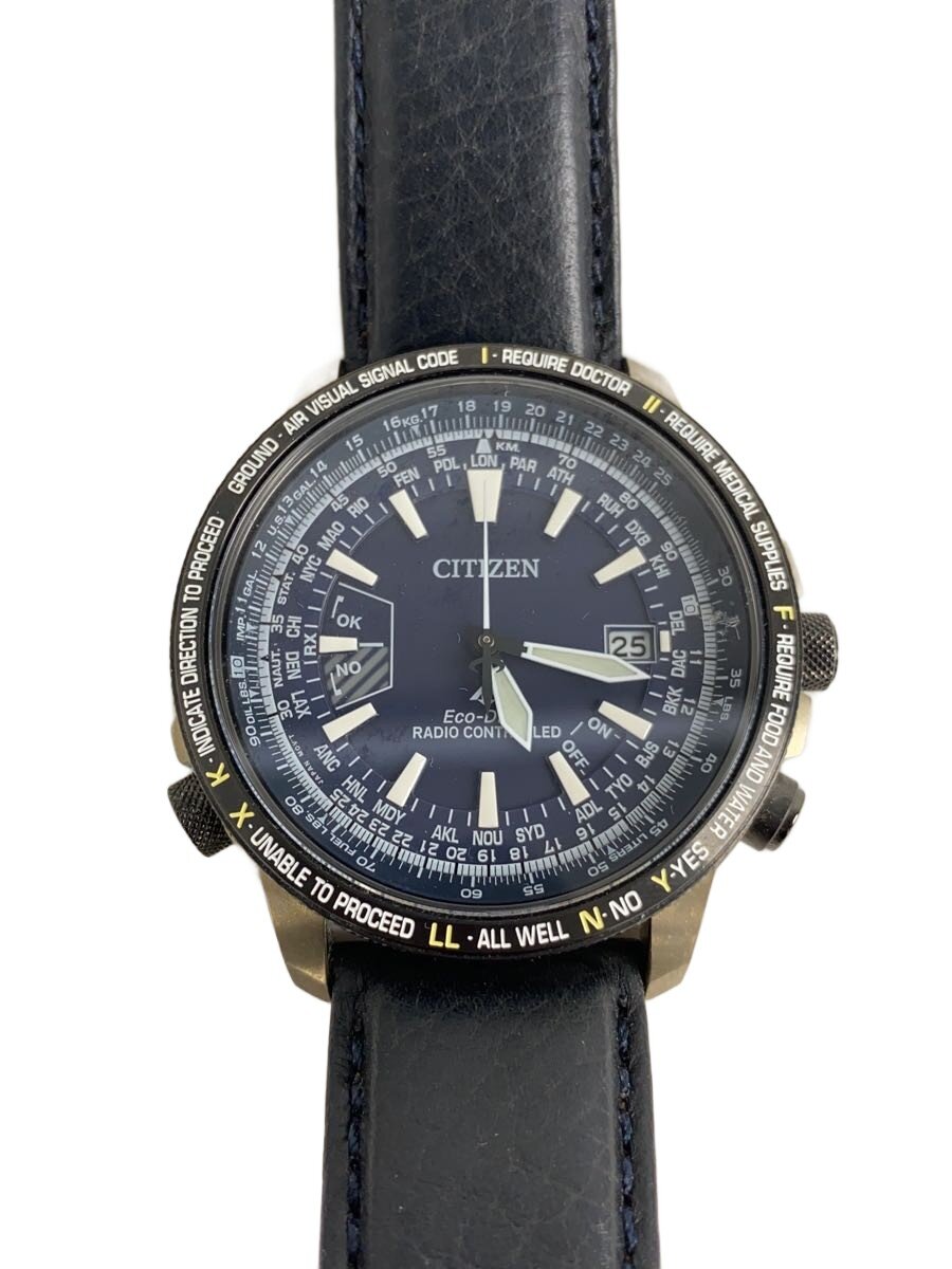 【中古】CITIZEN◆プロマスター エコドライブ/腕時計/アナログ/レザー/ネイビー/ブラック/H145-R013408【服飾雑貨他】