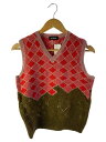 【中古】RAF SIMONS◆ニットベスト(厚手)/S/ウール/RED/総柄【メンズウェア】