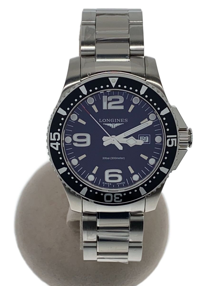 【中古】LONGINES◆クォーツ腕時計/ハイドロコンクエスト/アナログ/ステンレス/BLK/SLV/L3.730.4【服飾雑貨他】