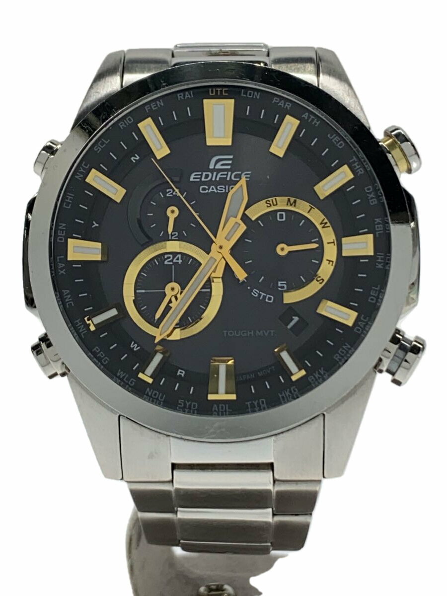 【中古】CASIO◆ソーラー腕時計・EDIFICE/アナログ/ステンレス/BLK/SLV/SS【服飾雑貨他】