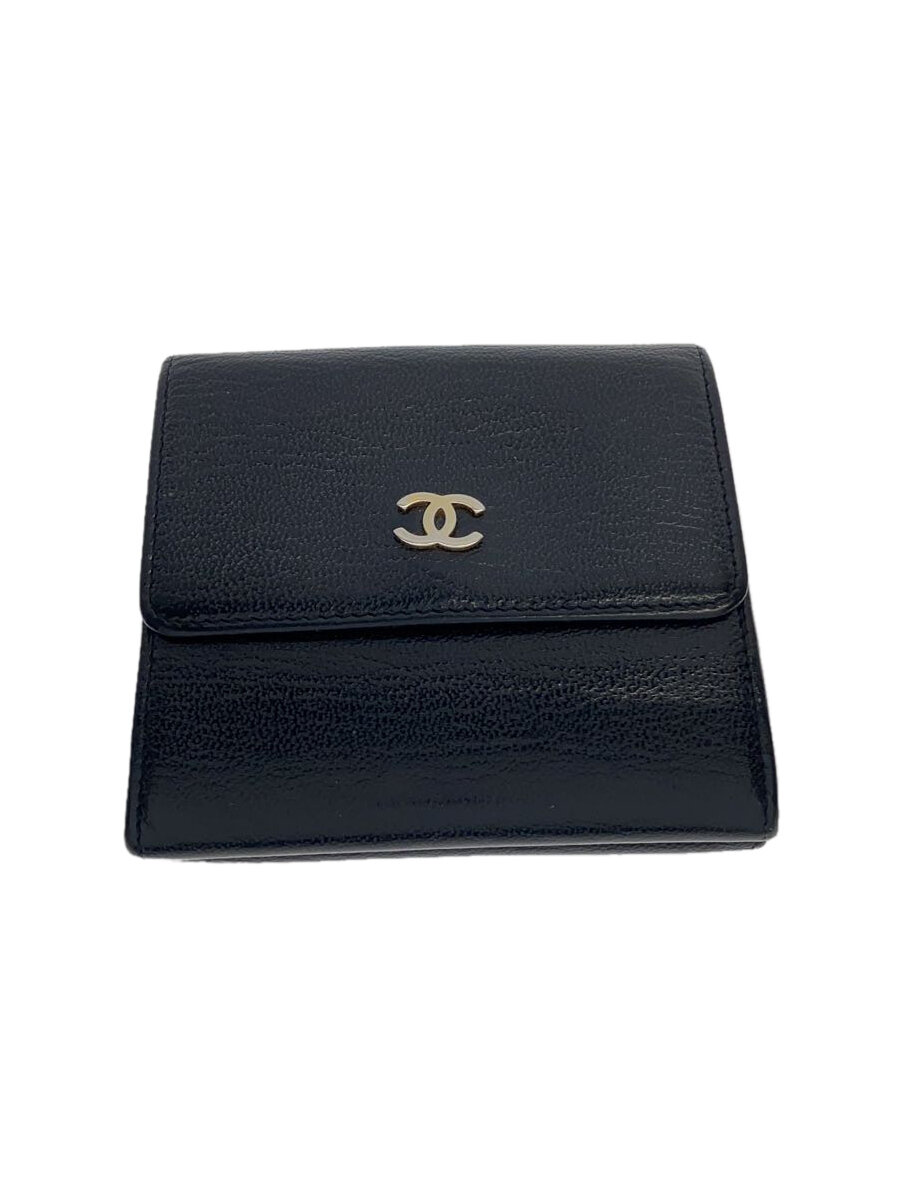 【中古】CHANEL◆3つ折り財布/レザー/BLK/レディース/一部、ポケット剥がれ有【服飾雑貨他】
