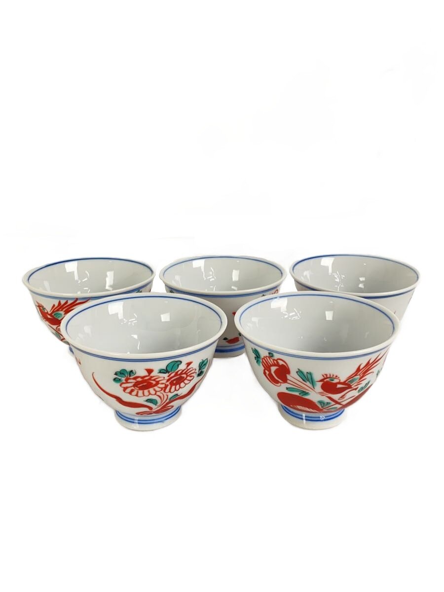 【中古】九谷焼◆湯呑/5点セット/ホワイト/赤絵【キッチン用品】