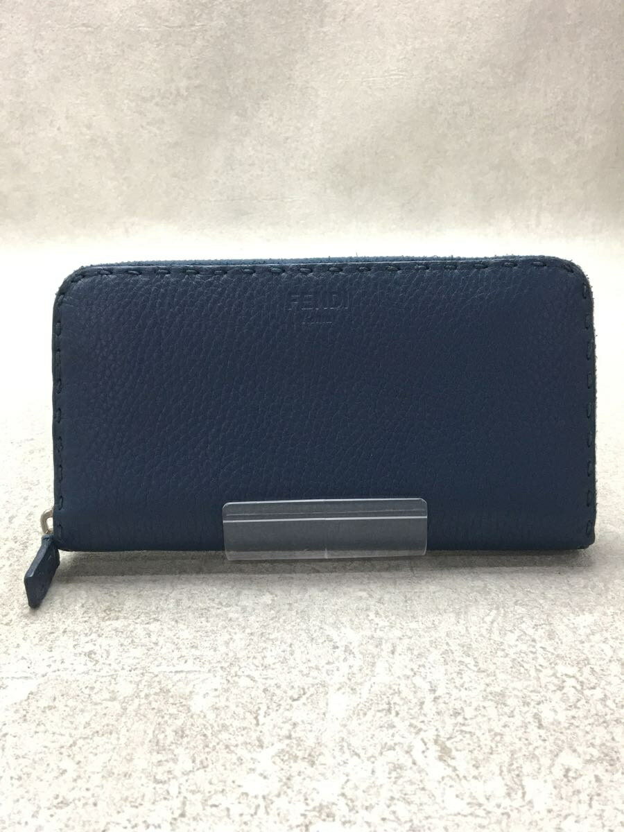 【中古】FENDI◆長財布[仕入]/--/BLU/無地/メンズ/ラウンドジップ/型押しロゴ/箱有【服飾雑貨他】