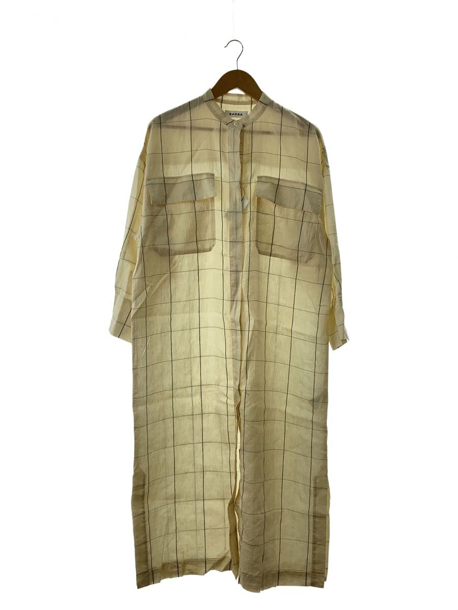 SACRA◆SHRINK WINDOWPANE DRESS/シャツワンピース/38/リネン/CRM/チェック/124103042