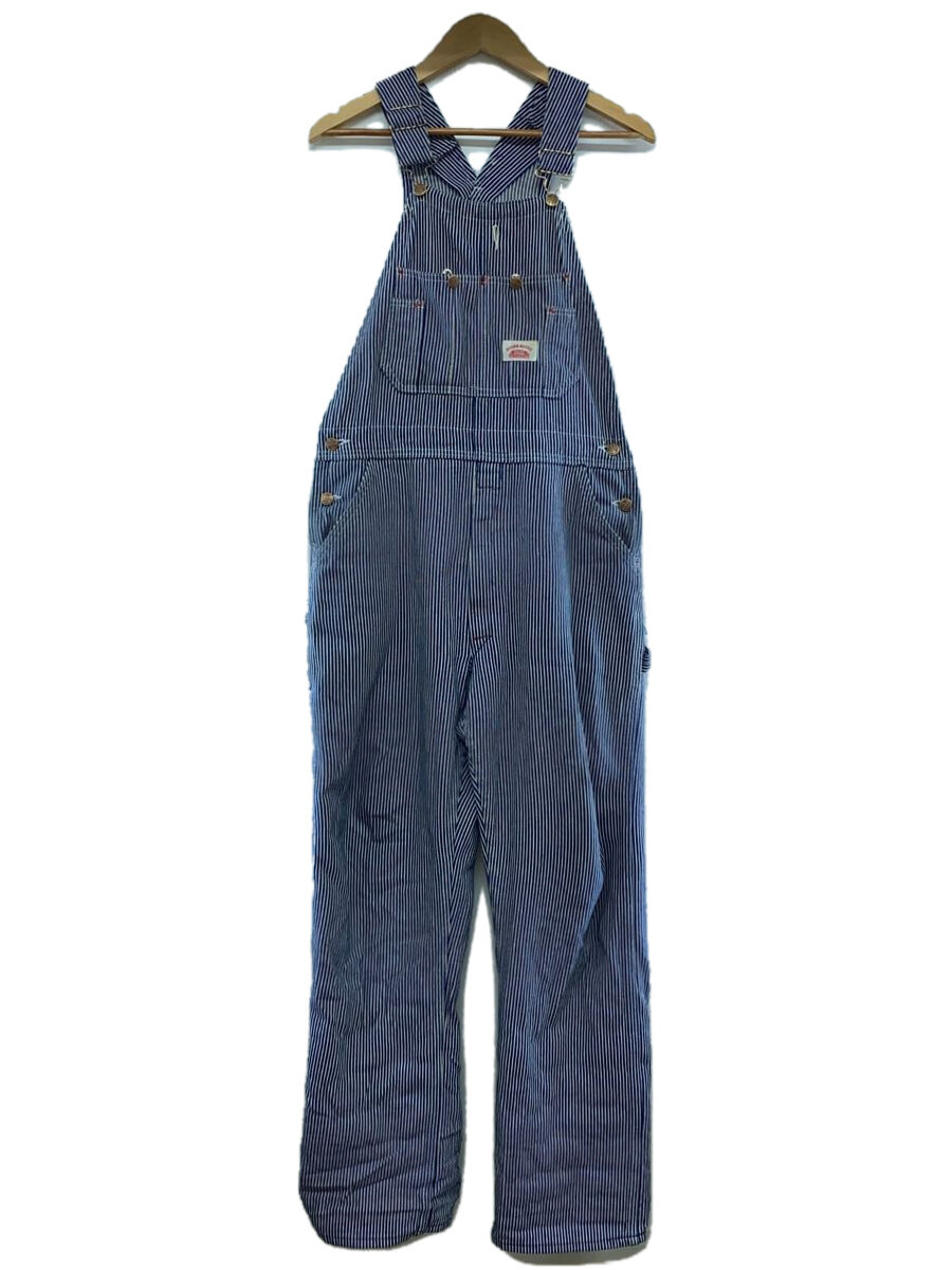 【中古】ROUND HOUSE◆オーバーオール/MADE IN USA/ヒッコリーストライプ/34/コットン/ホワイト×ブルー【メンズウェア】