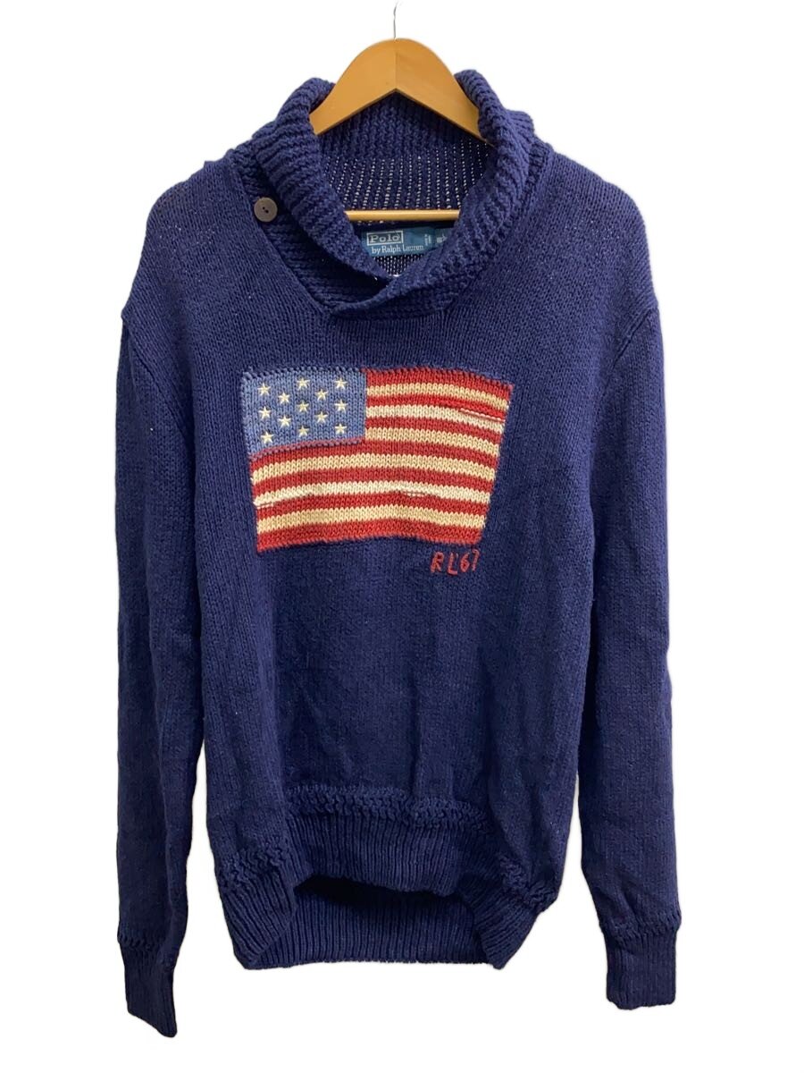 【中古】POLO RALPH LAUREN◆ニット・セーター(厚手)/L/リネン/NVY/星条旗【メンズウェア】
