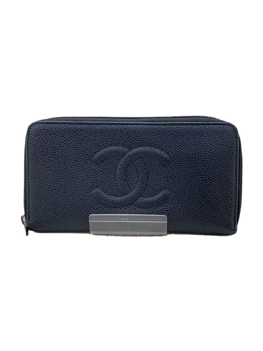 【中古】CHANEL◆キャビアスキン ココマーク ラウンド/長財布/レザー/ブラック/無地/レディース