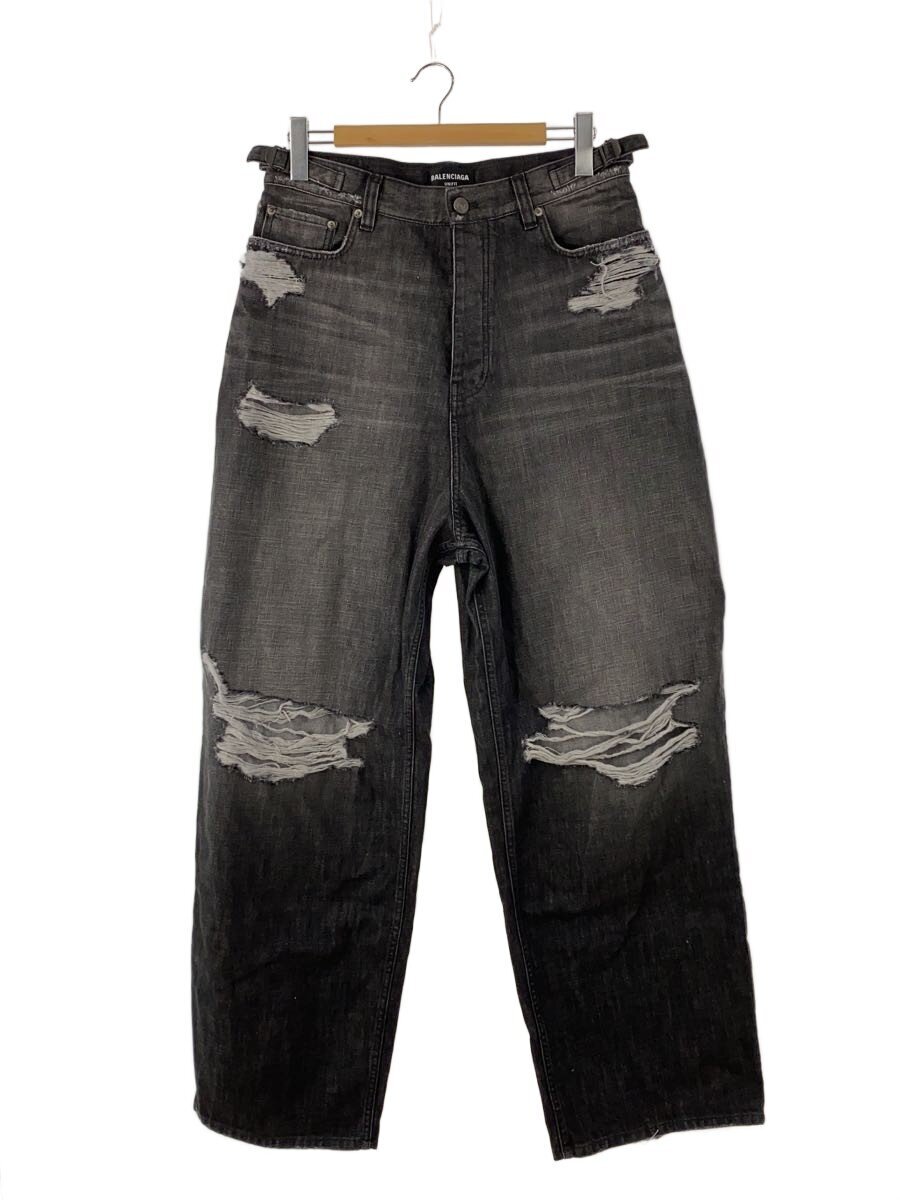 【中古】BALENCIAGA◆21aw/ダメージ加工デストロイバギーデニムパンボトム/XS/デニム/BLK/697833 tx//【メンズウェア】