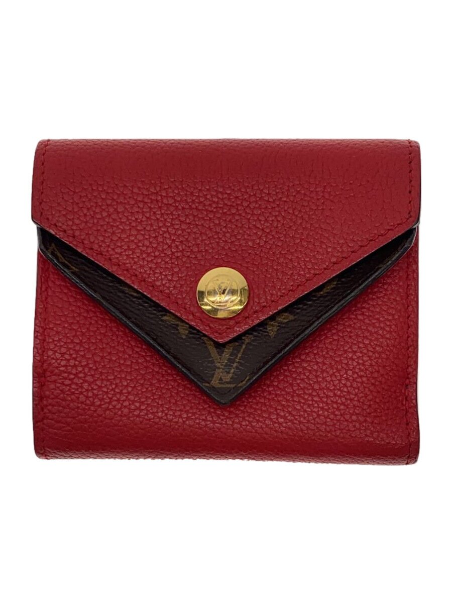 【中古】LOUIS VUITTON◆ポルト・フォイユ・ドゥーブルV・コンパクト_カーフレザー_モノグラム・キャンバス_RED/牛革/RED【服飾雑貨他】