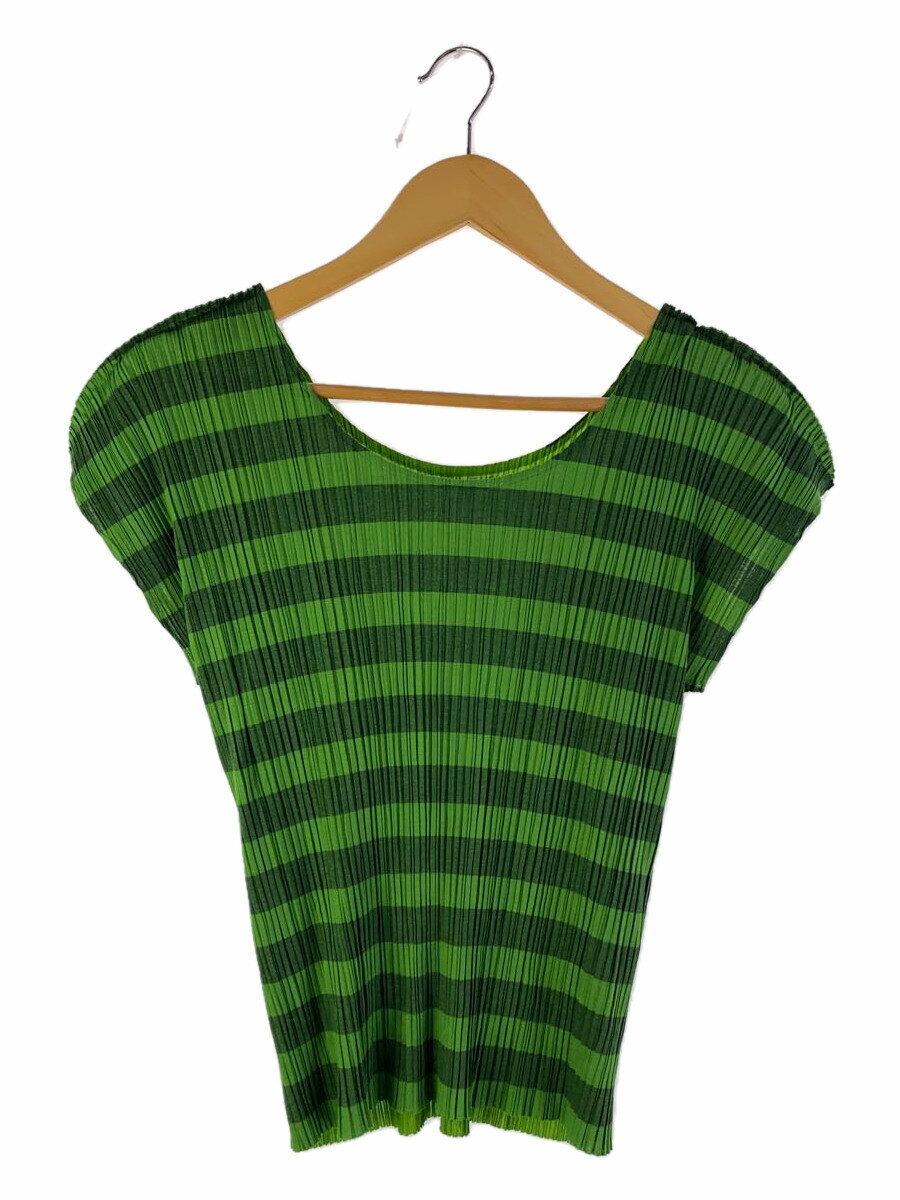 【中古】PLEATS PLEASE ISSEY MIYAKE◆カットソー/3/ポリエステル/GRN/ボーダー/PP21-JK662【レディースウェア】