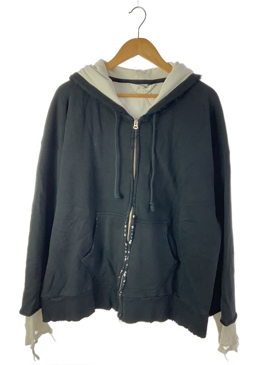 【中古】ANCELLM◆23AW/ZIP-UP HOODIE/ダメージレイヤー/ジップパーカー/3/コットン/BLK/ANC-CT33【メンズウェア】