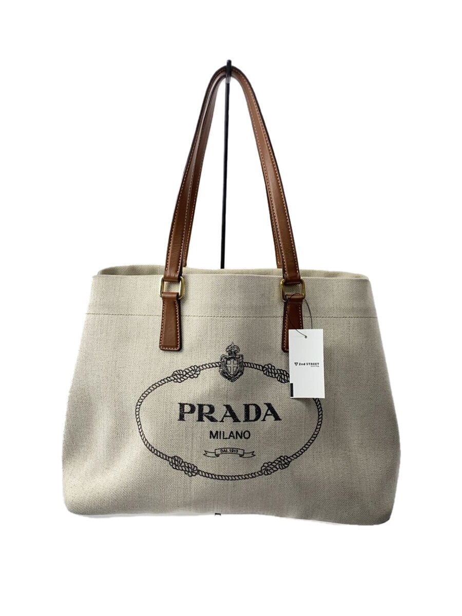 【中古】PRADA◆トートバッグ/キャンバス/BEG/1BG356/プラダ/リネンブレンド/レザー/ロゴトートバッグ//【バッグ】