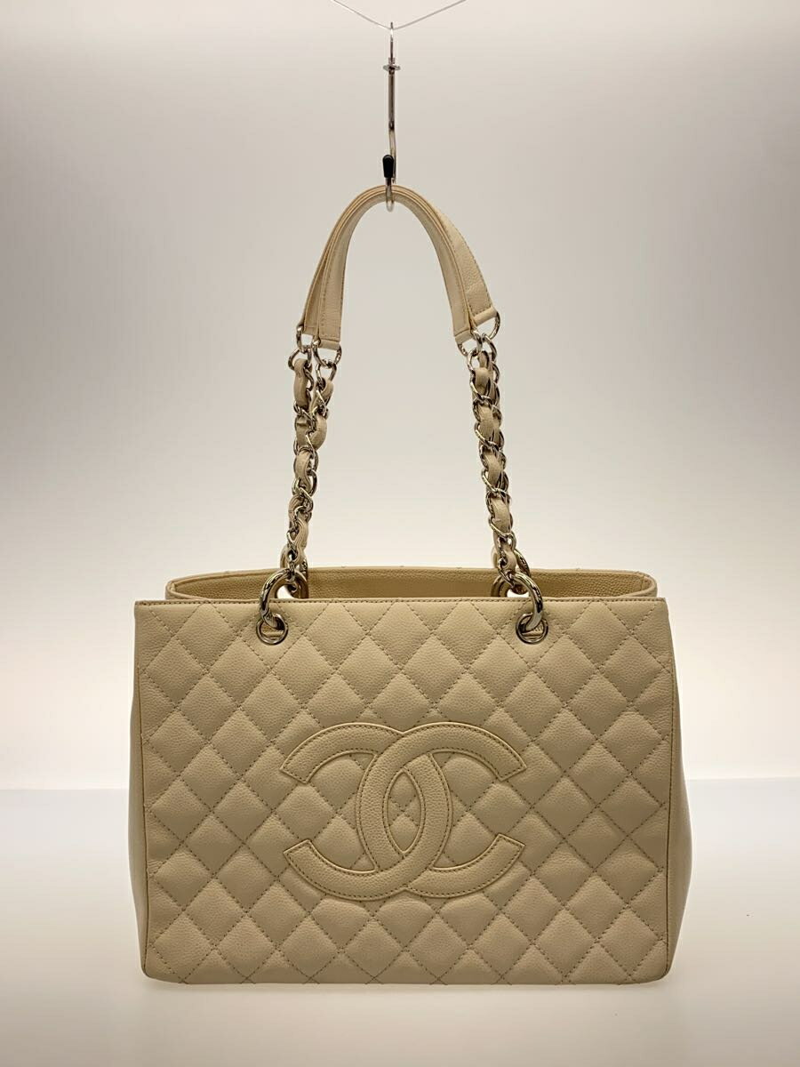 【中古】CHANEL◆GSTトートバッグ_マトラッセ_キャビアスキン_BEG/レザー/WHT【バッグ】