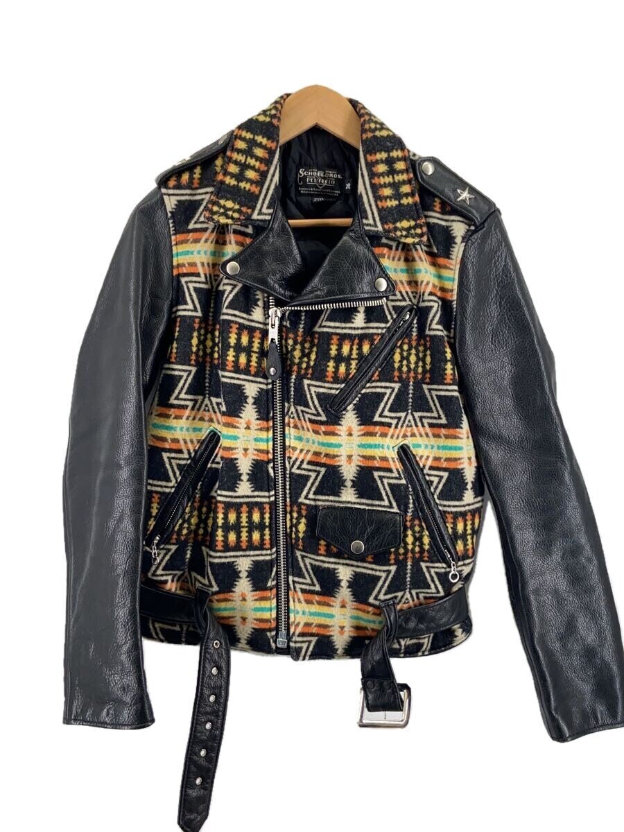 【中古】Schott◆ダブルライダースジャケット/36/レザー/BLK/ネイティブ/7456/ナバホブランケット/ワンスター【メンズウェア】