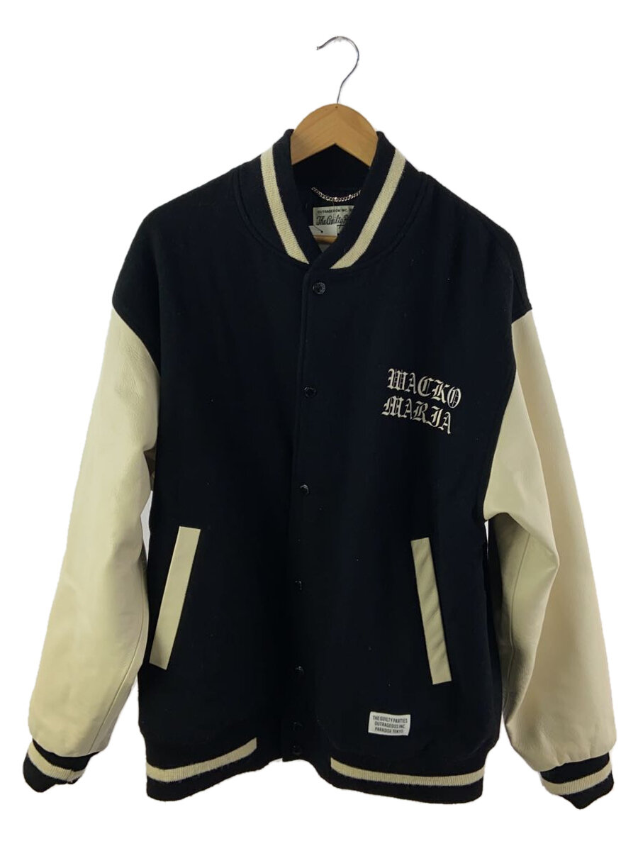 【中古】WACKO MARIA◆LEATHER VARSITY JACKET/スタジャン/L/ウール/BLK【メンズウェア】