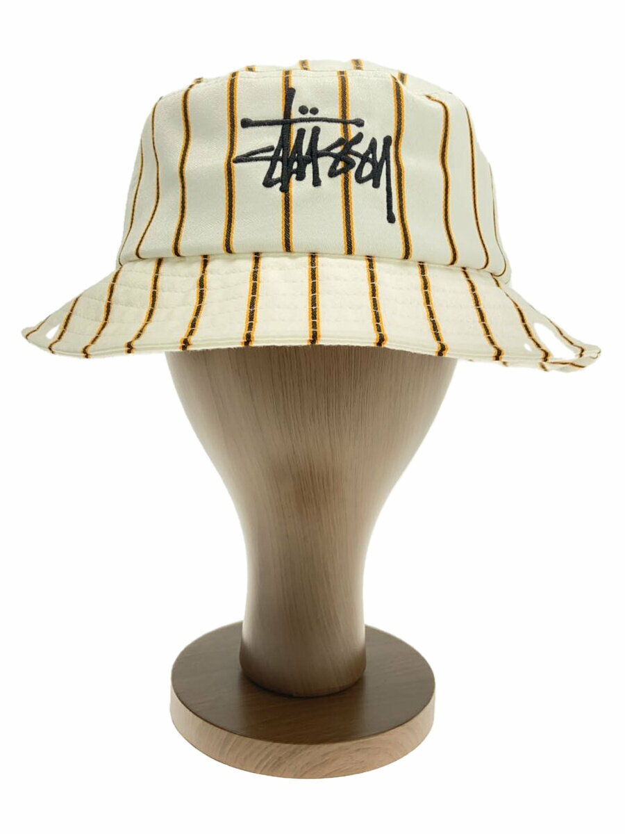 【中古】STUSSY◆Big Logo Striped Bucket Hat/バケットハット/L/WHT/メンズ/132968【服飾雑貨他】