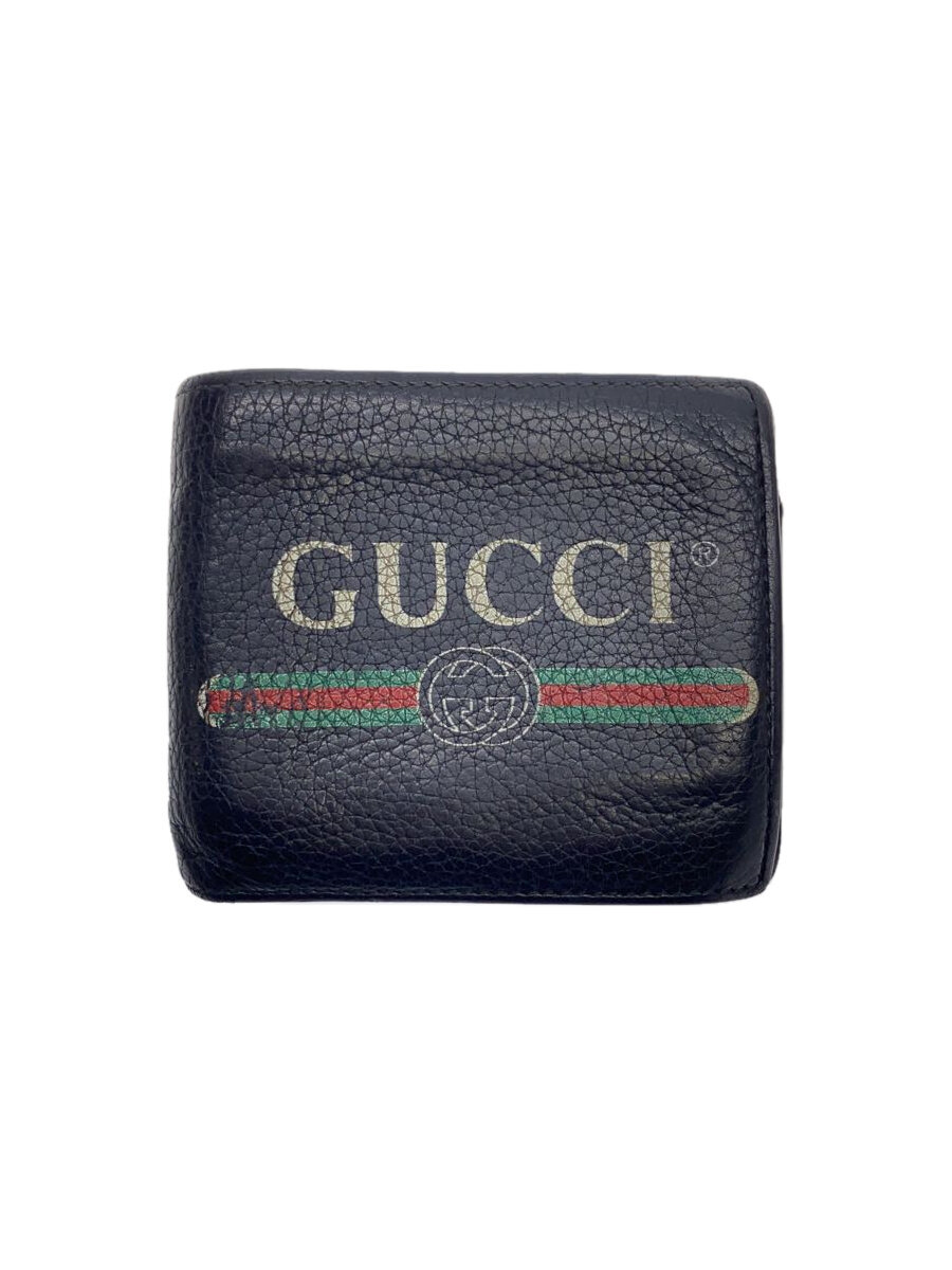 【中古】GUCCI◆2つ折り財布/レザー/BLK/プリント/メンズ/ボタン裏破れ有/オールドロゴプリント【服飾雑貨他】