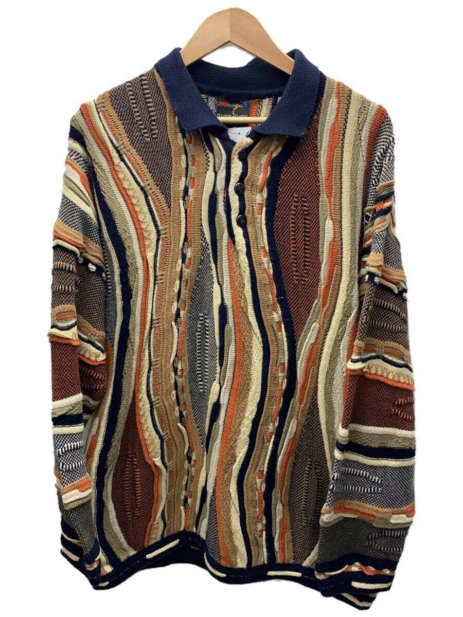 【中古】Bergati/90s/3Dニットポロ/L/コットン/マルチカラー/総柄【メンズウェア】