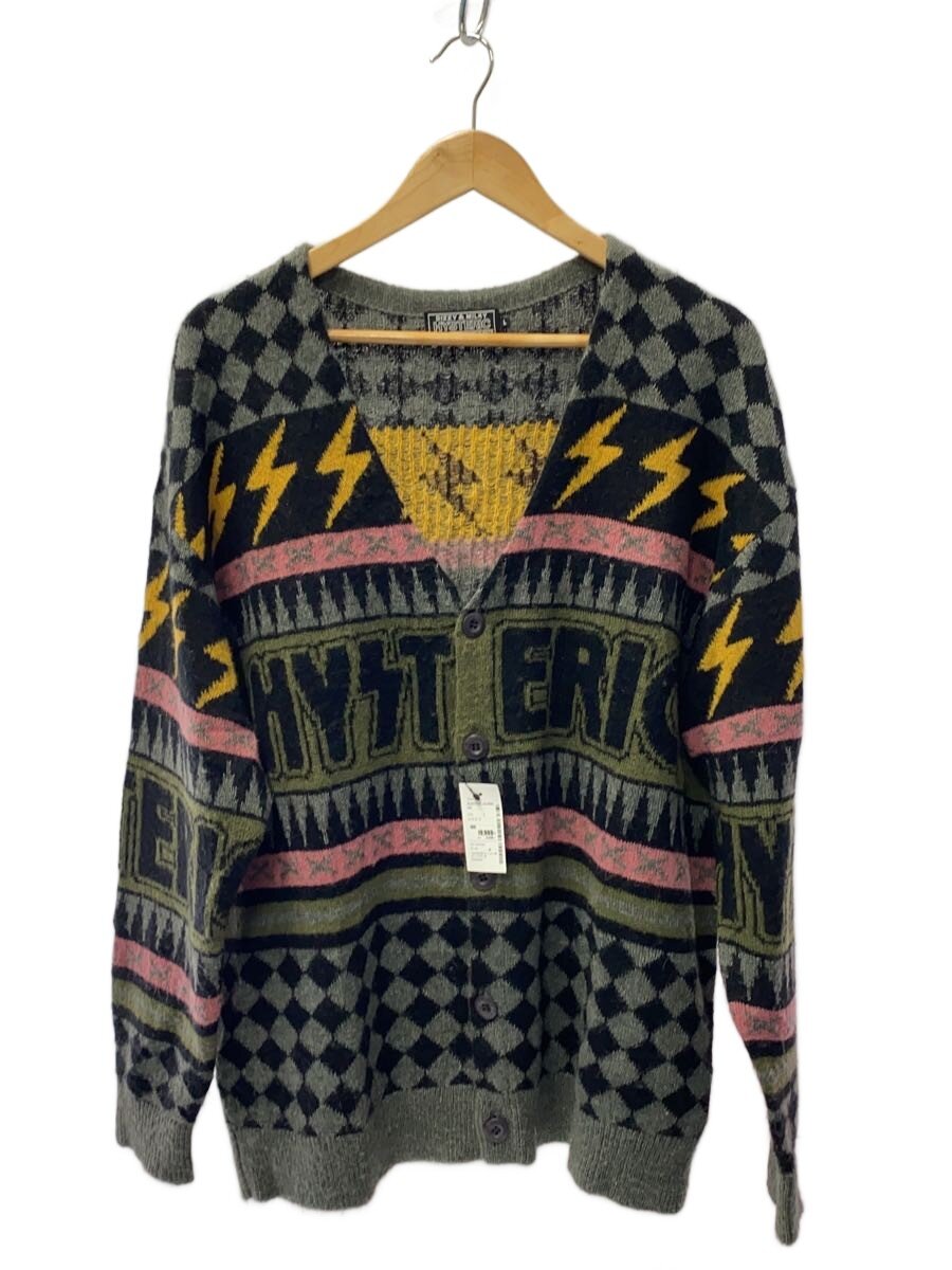 【中古】HYSTERIC GLAMOUR◆THUNDER柄/カーディガン(厚手)/L/アクリル/総柄/02253ND03【メンズウェア】