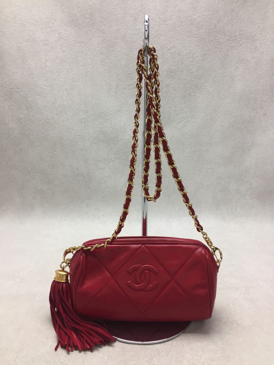 【中古】CHANEL◆ショルダーバッグ/レザー/RED/マトラッセ/シャネル//チェーン フリンジ【バッグ】