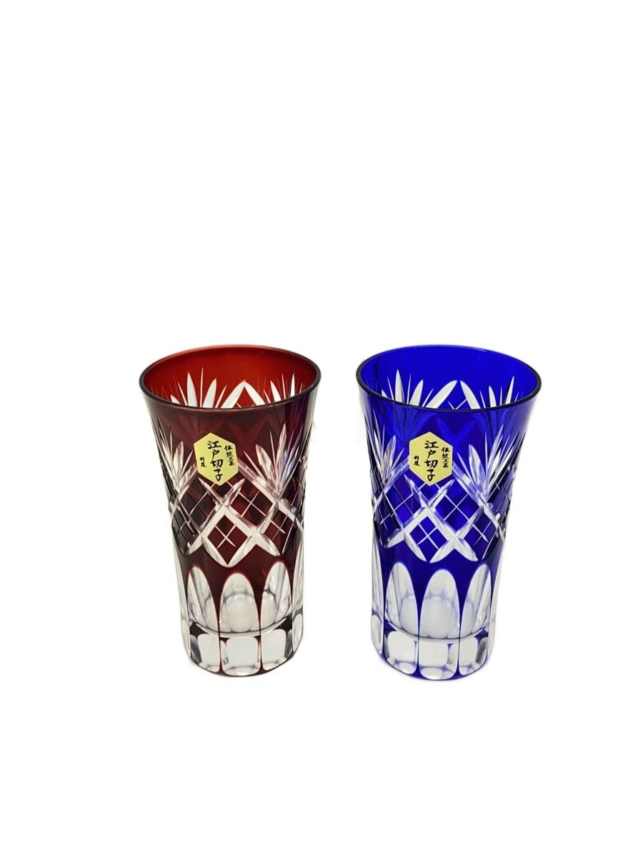 【中古】江戸切子◆一口ビール/ペアグラス/2点セット/RED/BLU/彩鳳【キッチン用品】