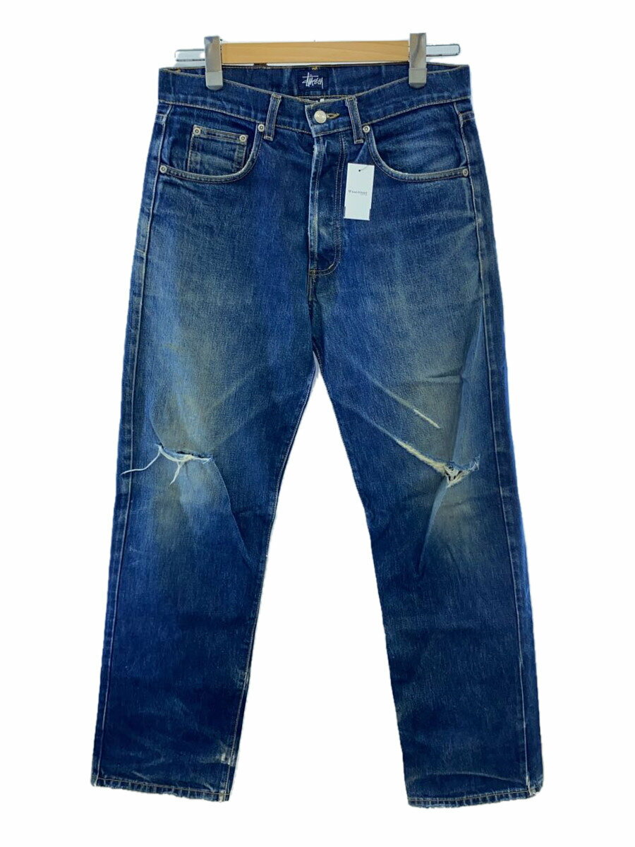 【中古】STUSSY◆90s/OLD/MADE IN USA/ストレートデニムパンツ/ダメージ加工/30/デニム/IDG【メンズウェア】