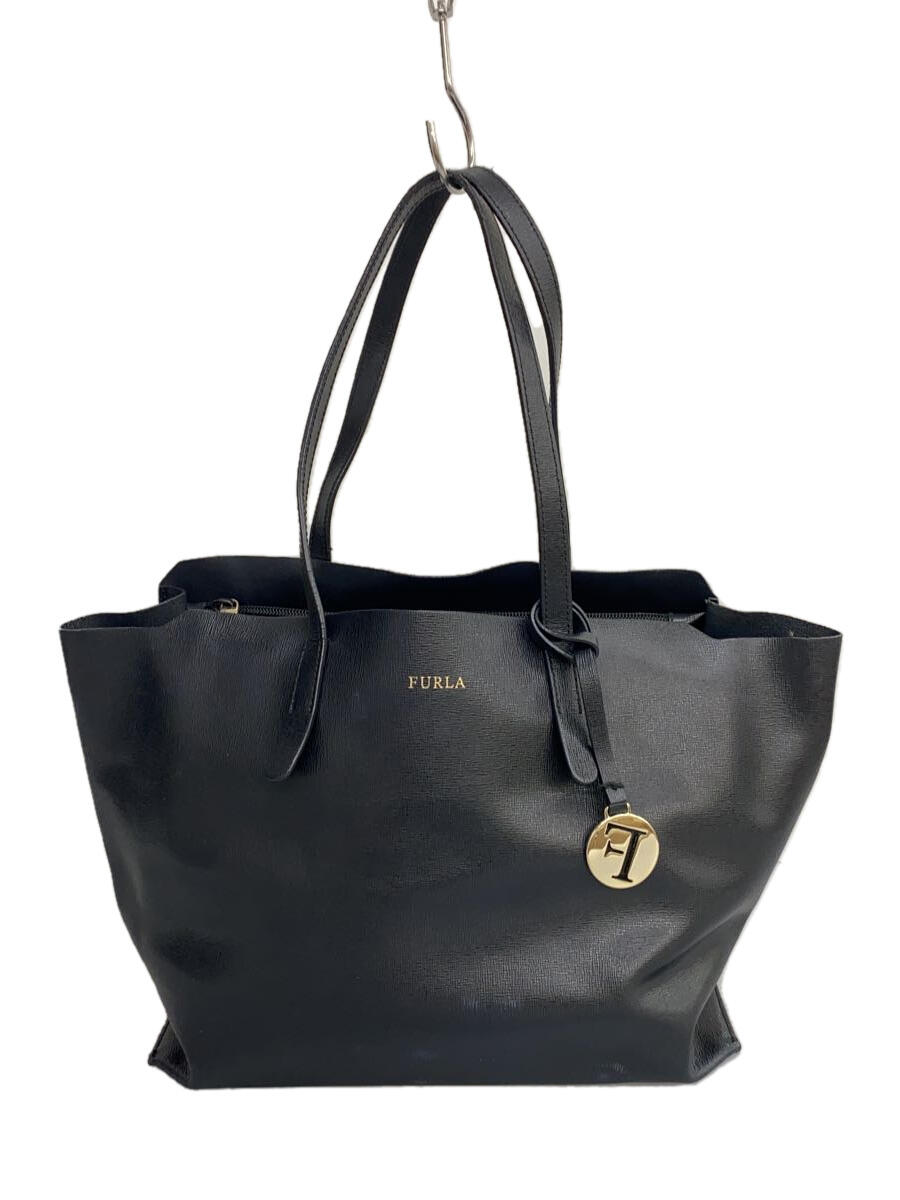 【中古】FURLA◆トートバッグ/レザー/BLK/無地【バッグ】