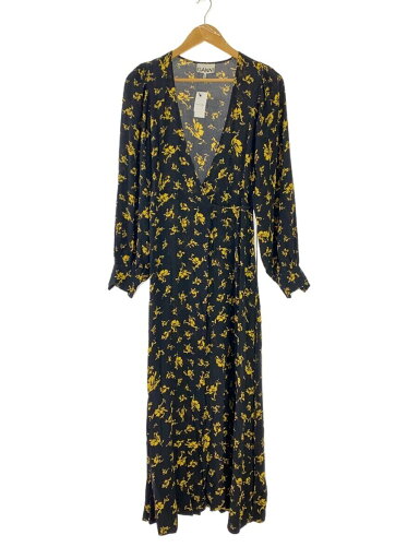 【中古】GANNI◆カシュクールワンピース/長袖ワンピース/34/レーヨン/BLK/総柄/1928//【レディースウェア】 【中古】GANNI◆カシュクールワンピース/長袖ワンピース/34/レーヨン/BLK/総柄/1928//【レディースウェア】