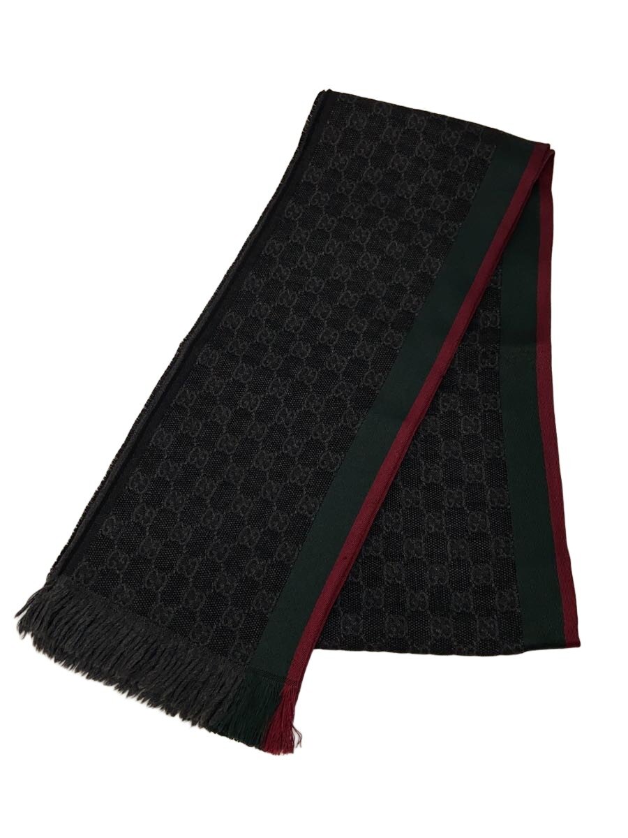 【中古】GUCCI◆シェリーライン/シルク混/マフラー/ウール/BLK/総柄/メンズ【服飾雑貨他】
