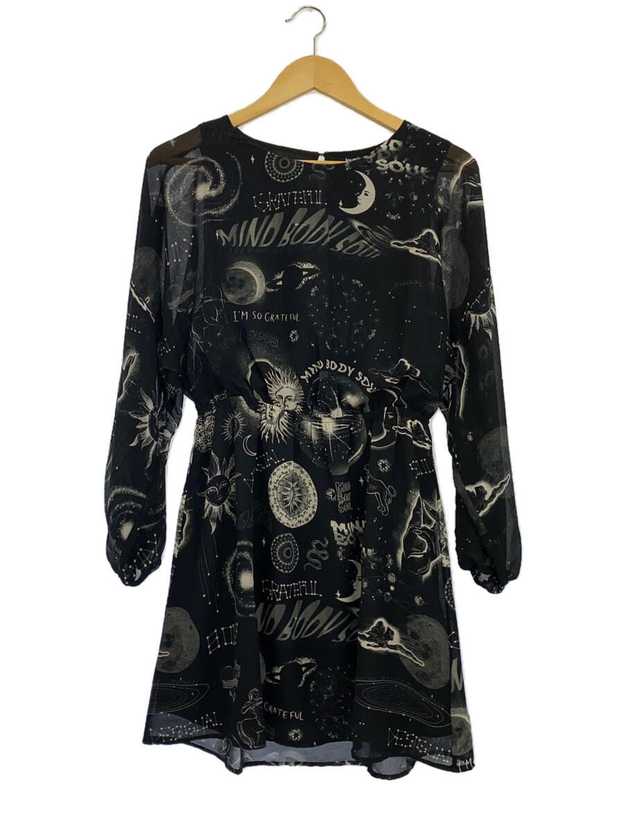 【中古】Desigual◆シフォン/ボリューム袖/7分袖ワンピース/S/ポリエステル/BLK/総柄【レディースウェア】