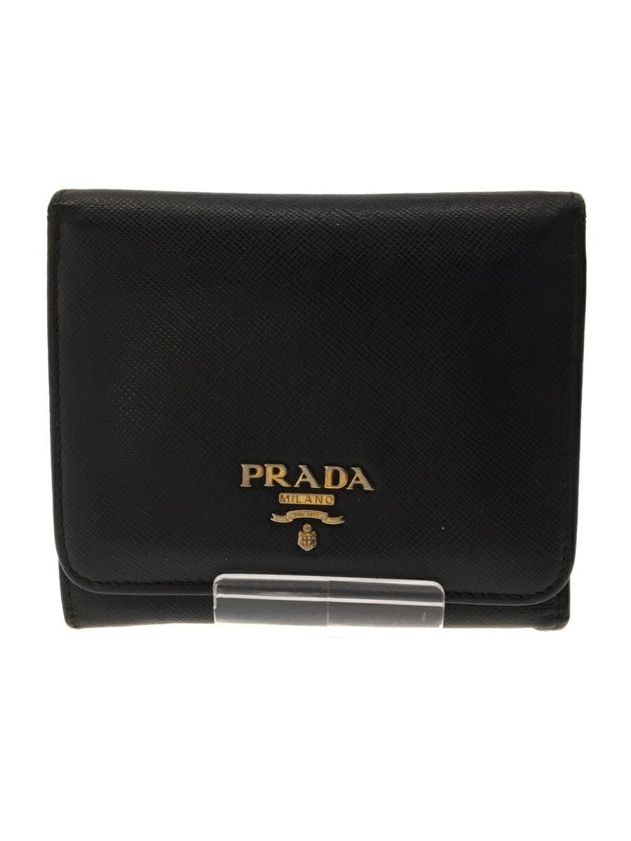 【中古】PRADA◆サフィアーノ/3つ折り財布/レザー/BLK/メンズ【服飾雑貨他】