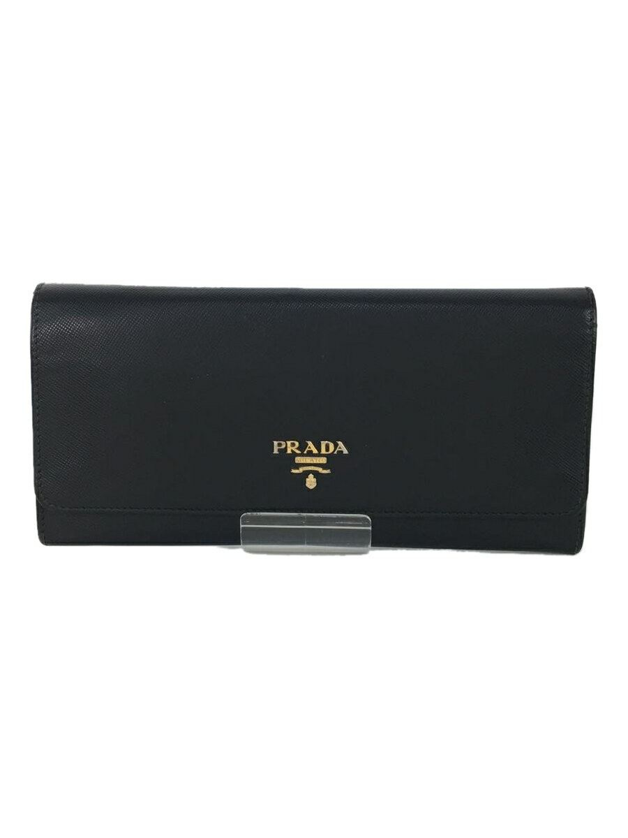 【中古】PRADA◆チェーンウォレット/長財布/サフィアーノ/BLK/無地/レディース【服飾雑貨他】