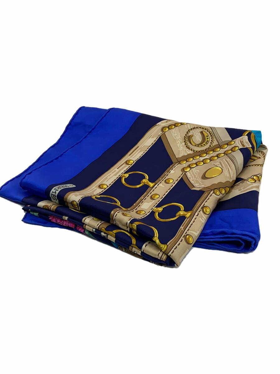 【中古】HERMES◆スカーフ/シルク/BLU/総柄/レディース【服飾雑貨他】