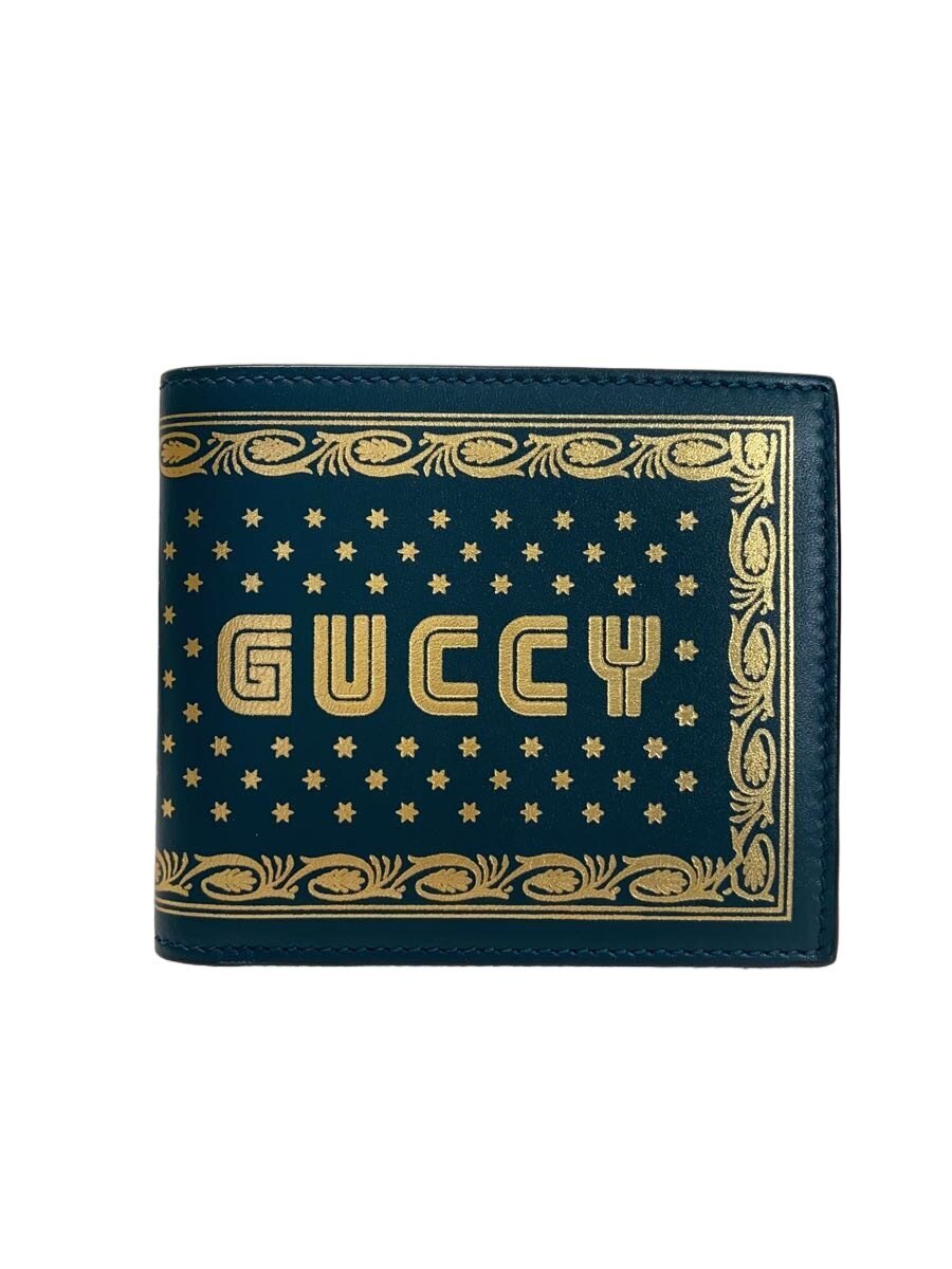 【中古】GUCCI◆2つ折り財布_GUCCYプリント/レザー/GRN/レディース【服飾雑貨他】