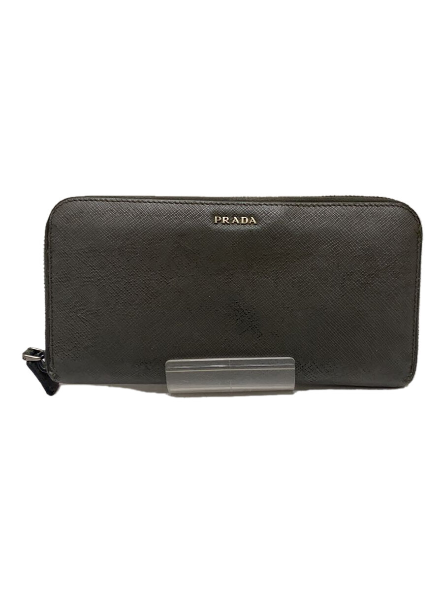 【中古】PRADA◆長財布/レザー/GRY/メンズ/サフィアーノ/ラウンドジップ【服飾雑貨他】