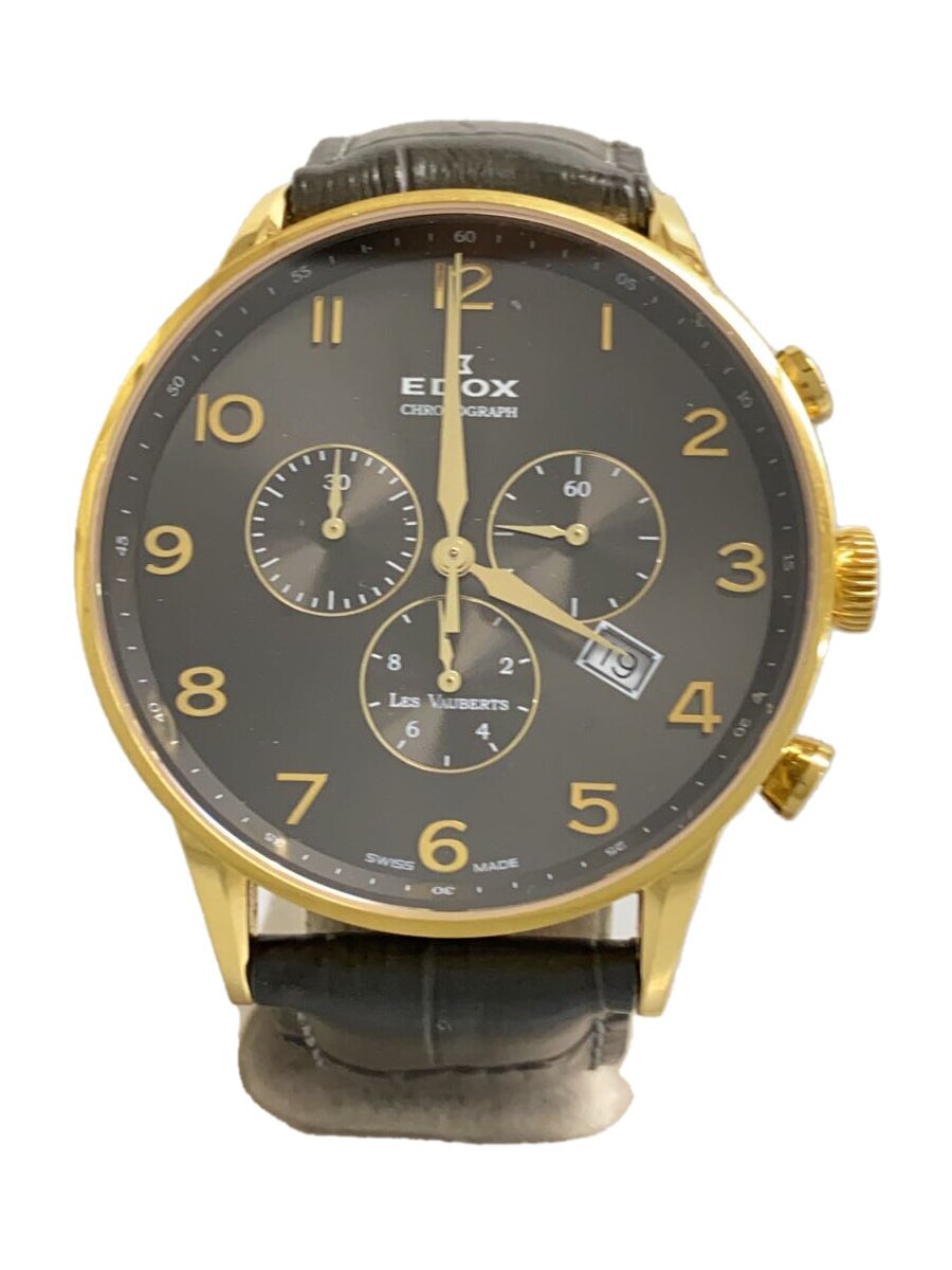 【中古】EDOX◆クォーツ腕時計/アナログ/レザー/BLK/KHK/10408//【服飾雑貨他】