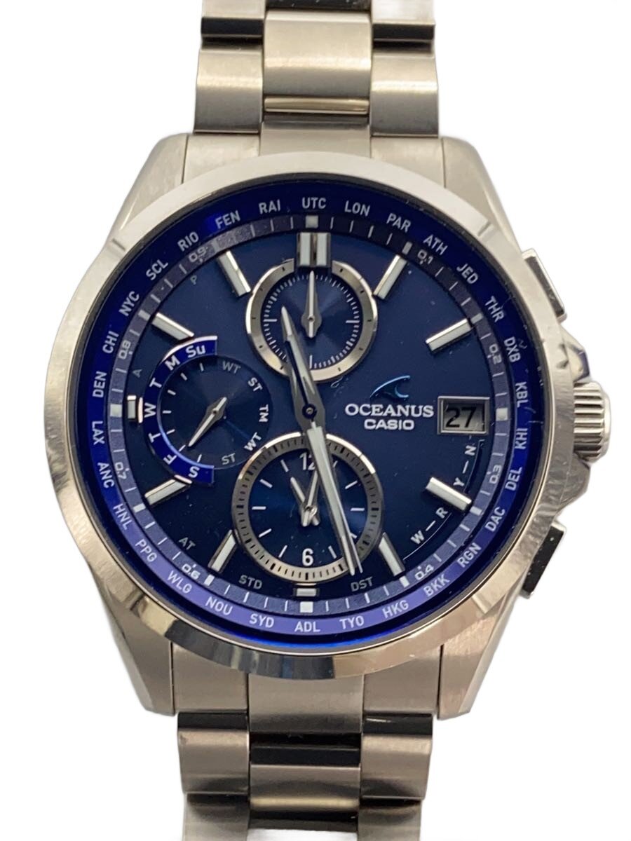 【中古】CASIO◆ソーラー腕時計_OCEANUS/アナログ/BLU/SLV【服飾雑貨他】