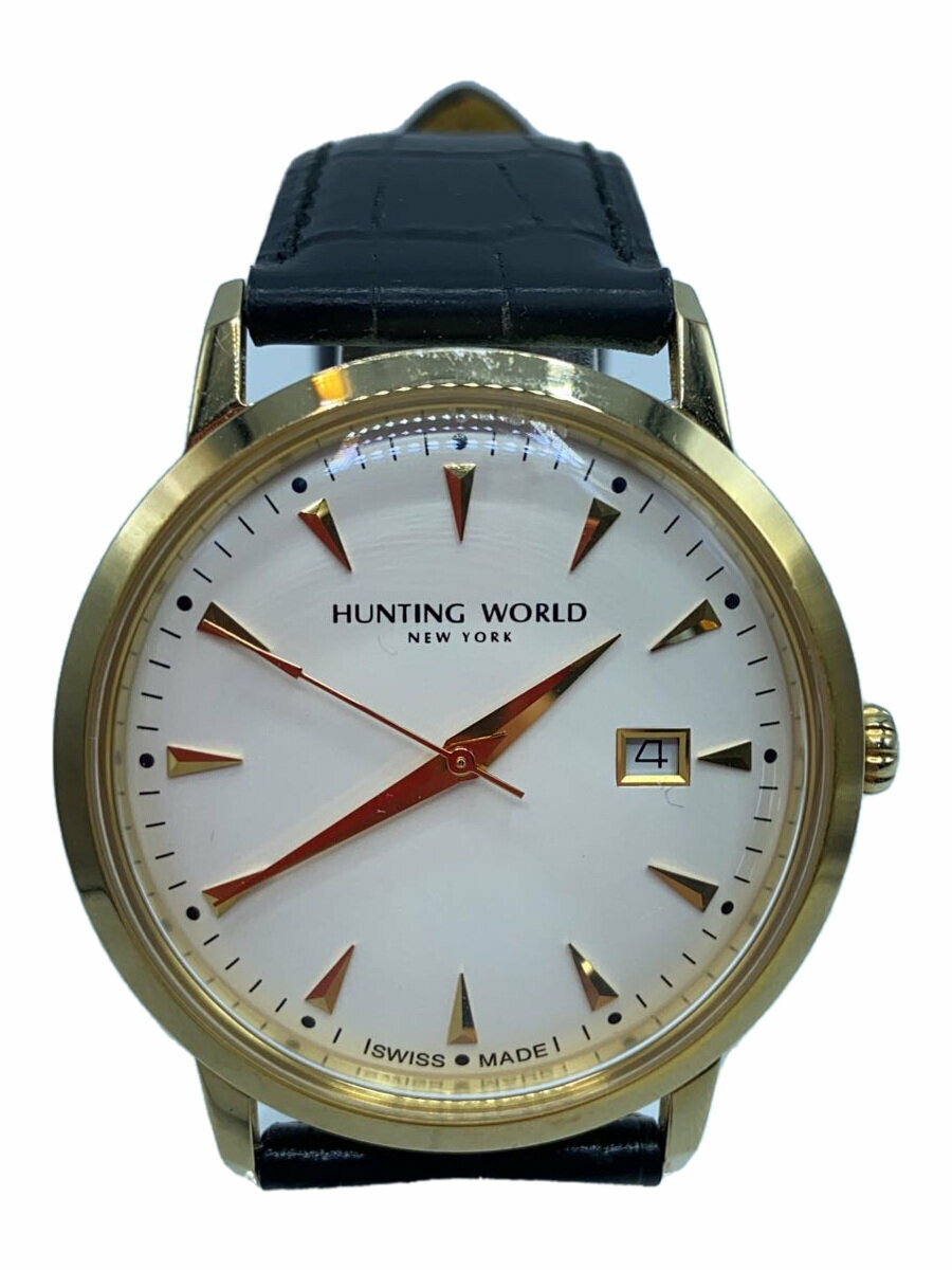 【中古】HUNTING WORLD◆クォーツ腕時計/アナログ/レザー/WHT/BLK/SS/HW-914【服飾雑貨他】
