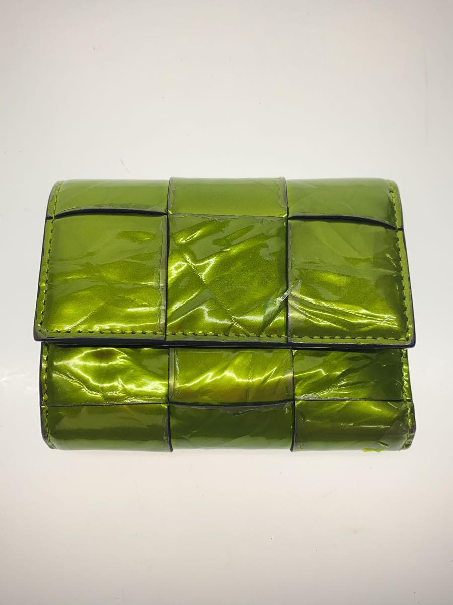 【中古】BOTTEGA VENETA◆イントレチャート/3つ折り財布/エナメル/GRN/剥がれ有【服飾雑貨他】