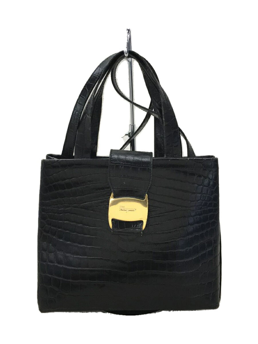 【中古】Salvatore Ferragamo◆クロコ型押し/ヴァラ/2WAYショルダーバッグ/レザー/BLK【バッグ】